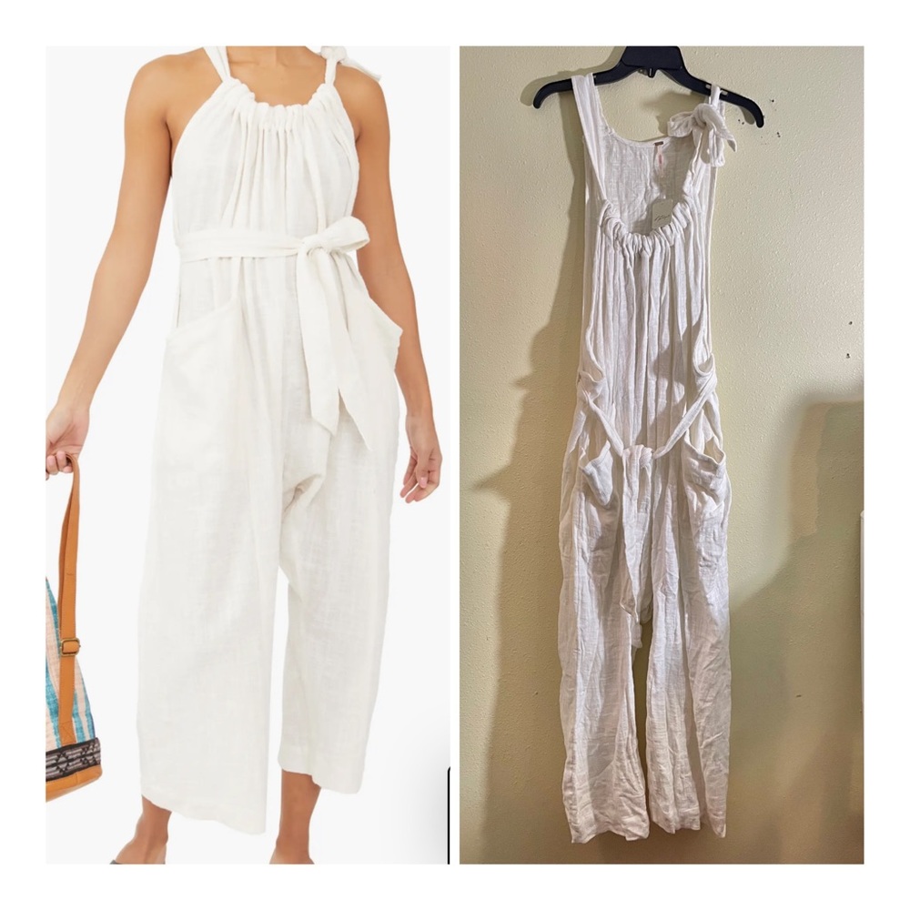 Free People White Linen Halter Jumpsuit with Tie Waist